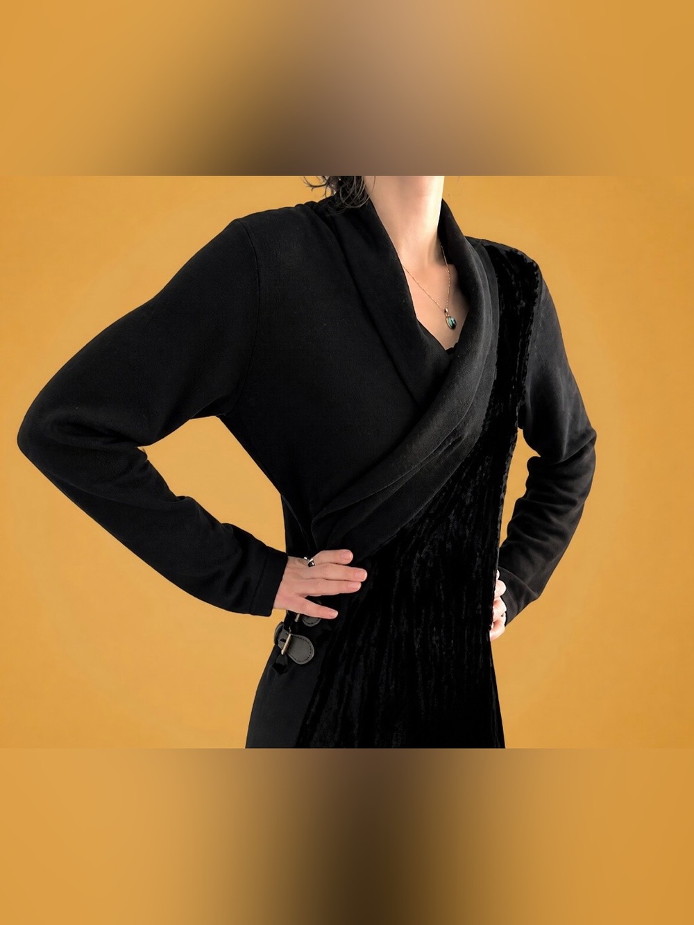 Vintage 90s Black Asymmetrical Faux Wrap Buckle Dress Minimalist• Evan Piccone